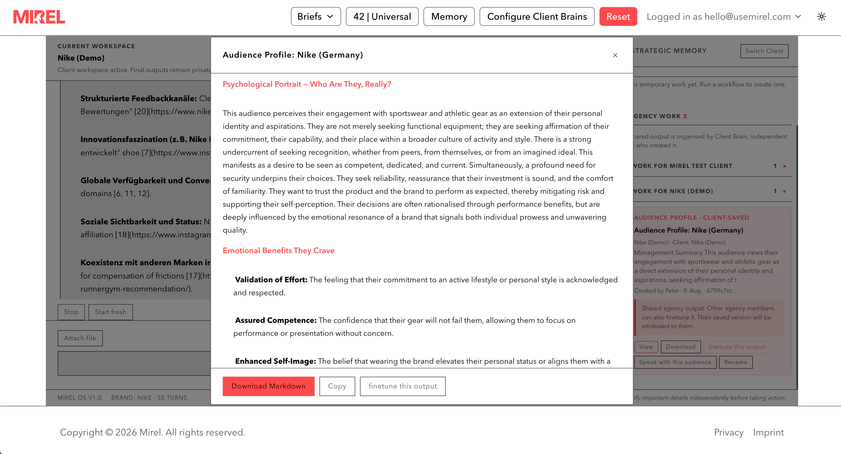 Mirel audience profile showing structured strategic output for Nike Demo